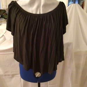 Olive short sleeve jersey knit top that can be worn off the shoulder